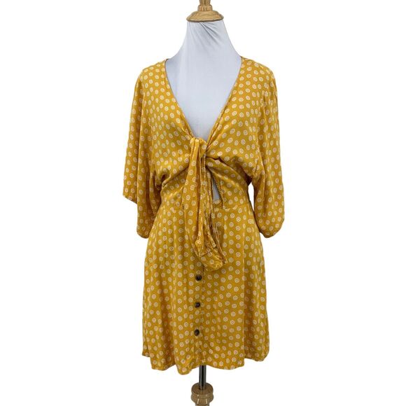 Rip Curl Coastal Tides Beach Dress Womens S Mustard Floral Tie Front Wide Sleeve - Picture 1 of 13